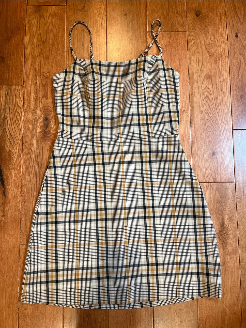 Aritzia Wilfred Plaid Spaghetti-Strap Mini Dress in Cream, Tan, and Black